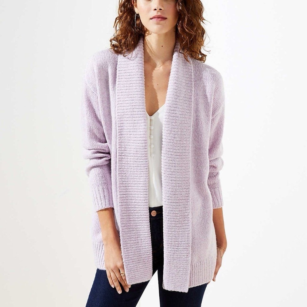 Loft Rib Trim Open Cardigan in Lavender Melange